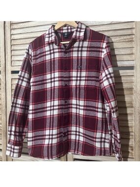 Volcom Women’s Plaid Flannel Shirt Deep Maroon White Cotton Size Small